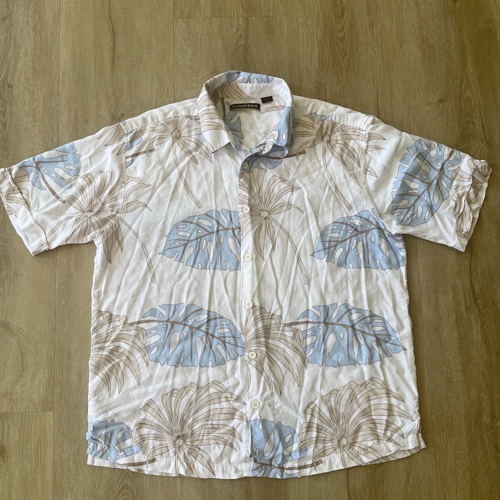 Cubavera Mens Shirt Hawaiian Palm Leaves Teal Blue Short Sleeve XL